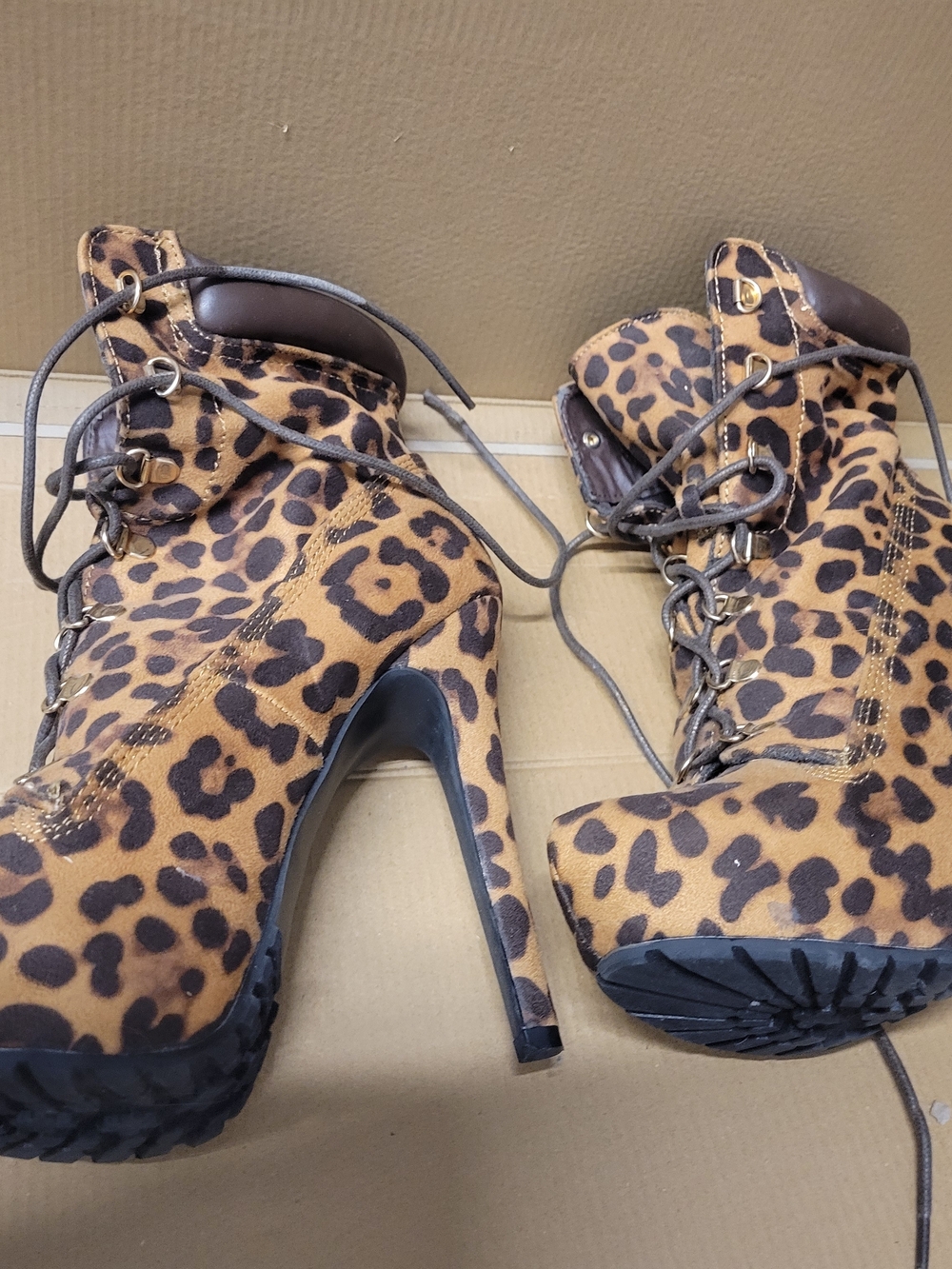 JustFab Leopard Print Lace-Up Platform Stiletto Ankle Boots - Brown/Black
